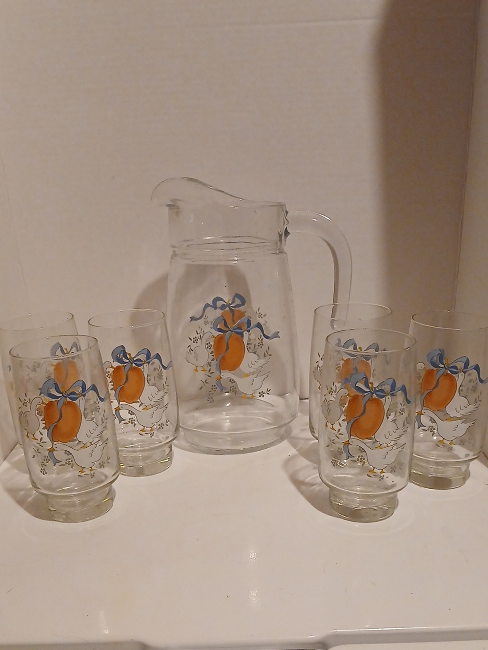 Vtg 80s Marmalade Goose Blue Ribbon Glass Pitcher & 6 Glass Set
